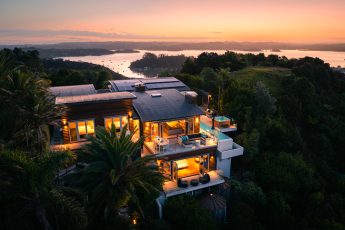 Cloud 9 at dusk, looking back towards Russell and Paihia - Bay of Islands, New Zealand