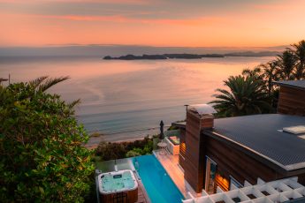View over pool and spa at Cloud 9, luxury holiday home in Bay of Islands, New Zealand
